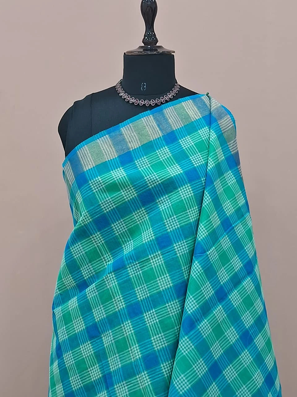 Blue, Green, and White Checked Cotton Saree 1