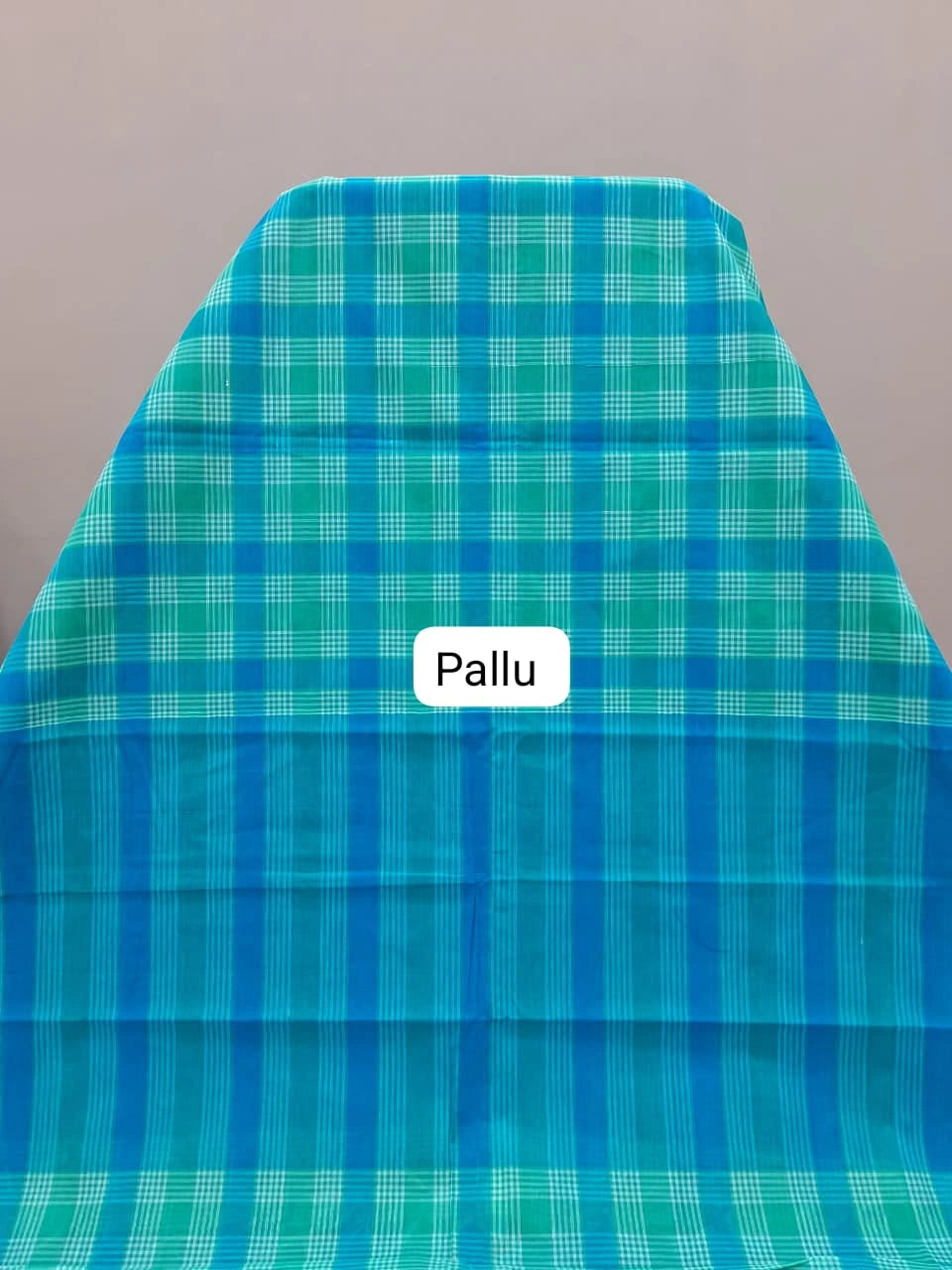 Blue, Green, and White Checked Cotton Saree pallu