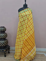 Yellow, Orange, and White Checked Cotton Saree
