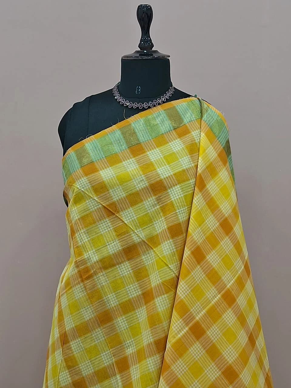 Yellow, Orange, and White Checked Cotton Saree 1