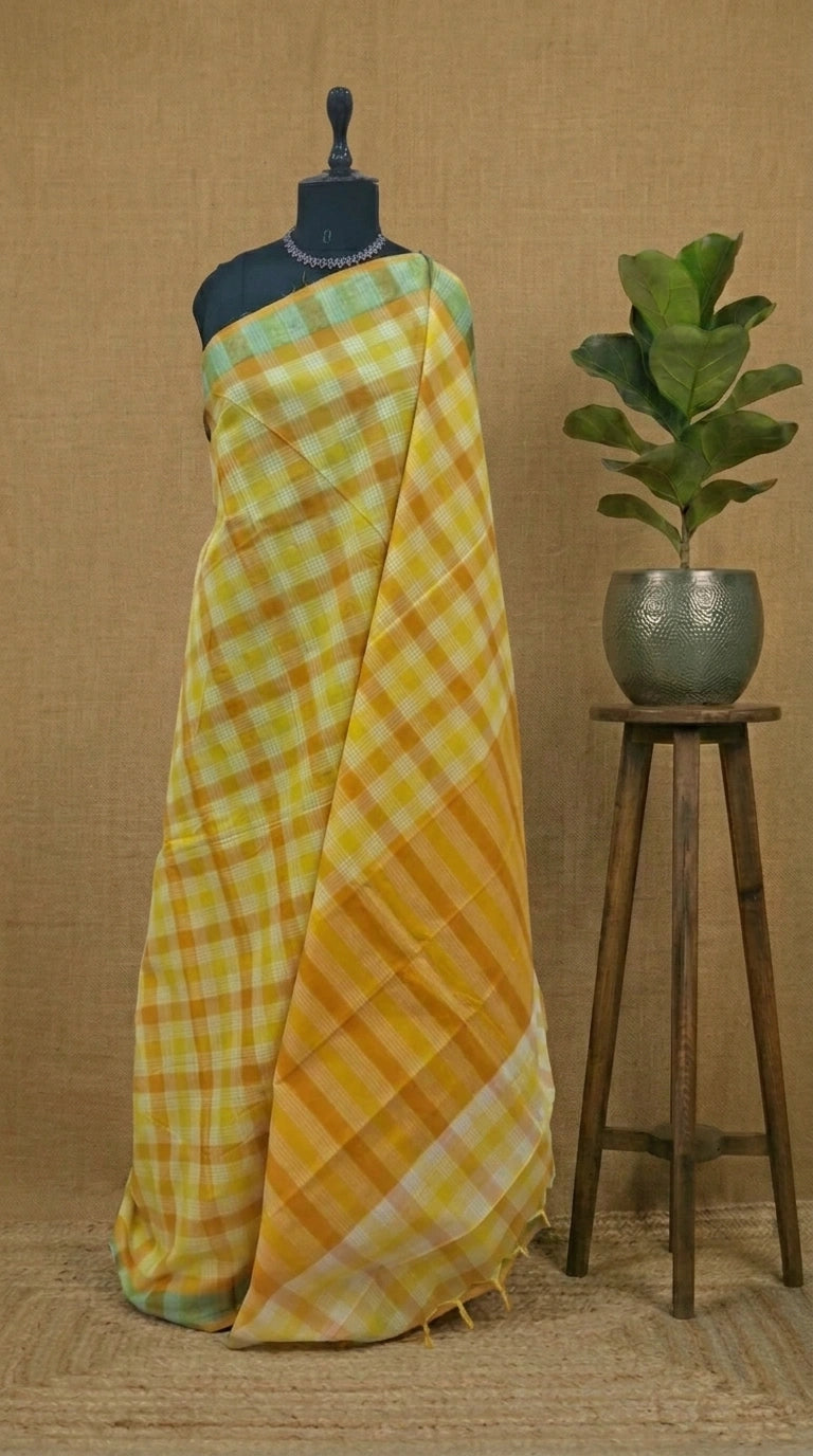 Yellow, Orange, and White Checked Cotton Saree