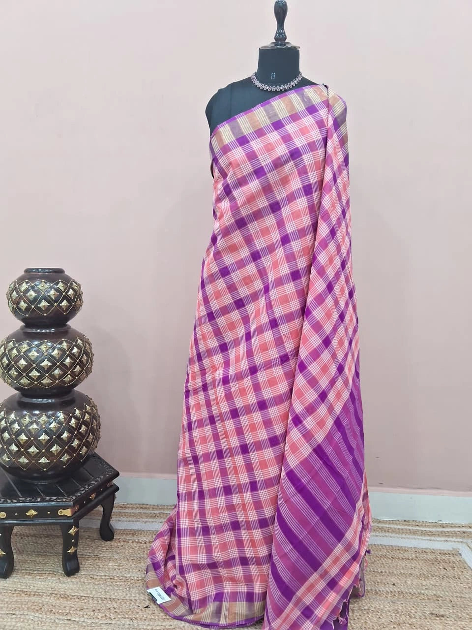 Purple, Peach, and White Checked Cotton Saree