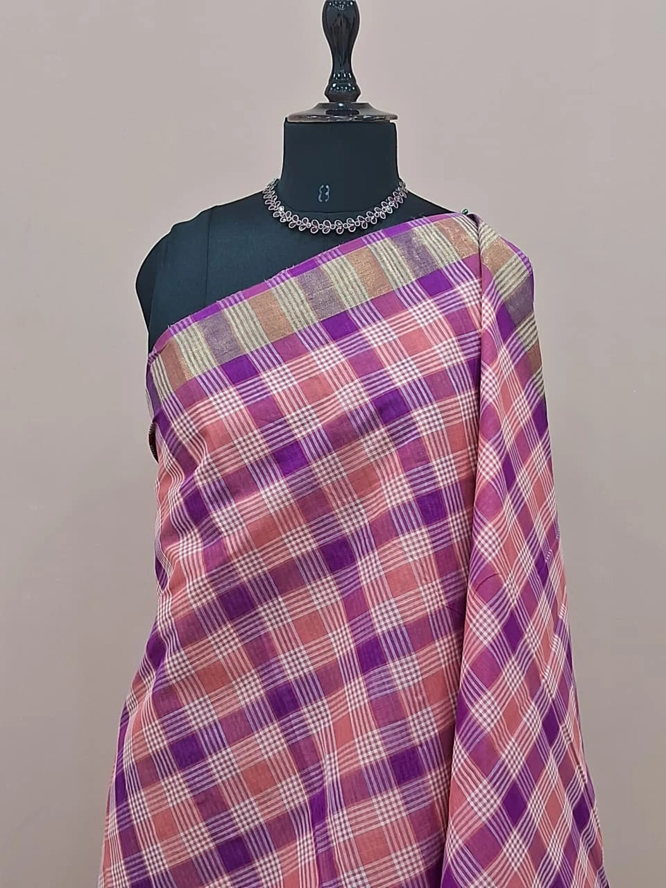 Purple, Peach , and White Checked Cotton Saree 1