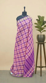 Purple, Peach, and White Checked Cotton Saree