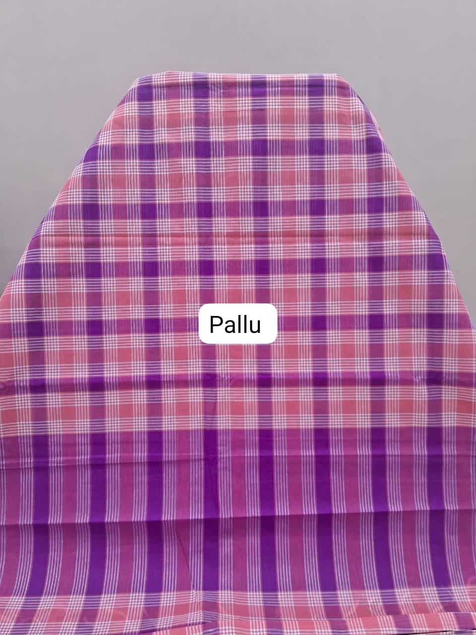 Purple, Peach, and White Checked Cotton Saree pallu