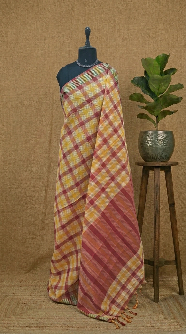 Red, Yellow, and White Checked Cotton Saree