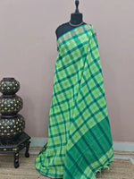 Dark Green, Light Green, and White Checked Cotton Saree 
