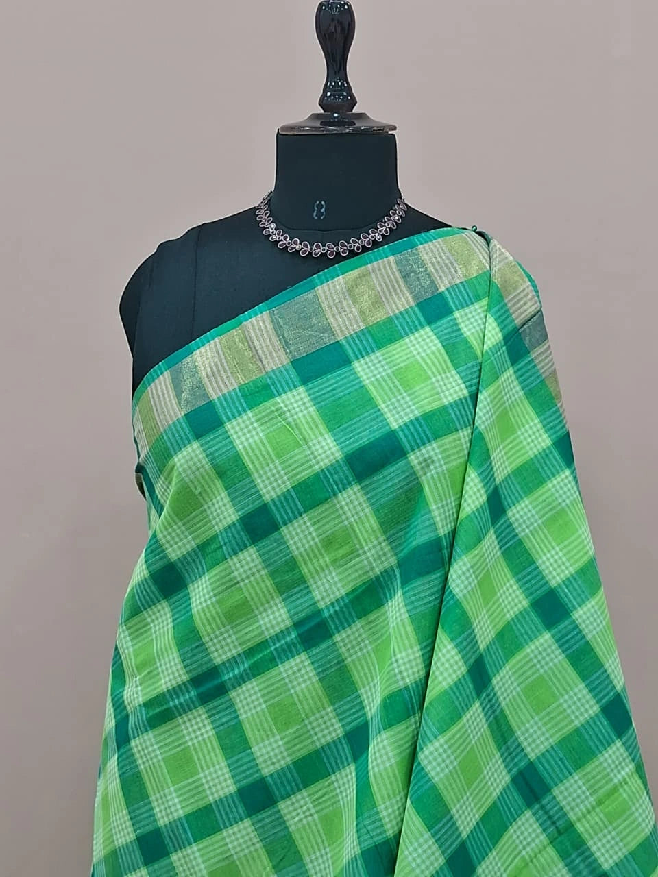 Dark Green, Light Green, and White Checked Cotton Saree 1