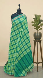 Dark Green, Light Green, and White Checked Cotton Saree 