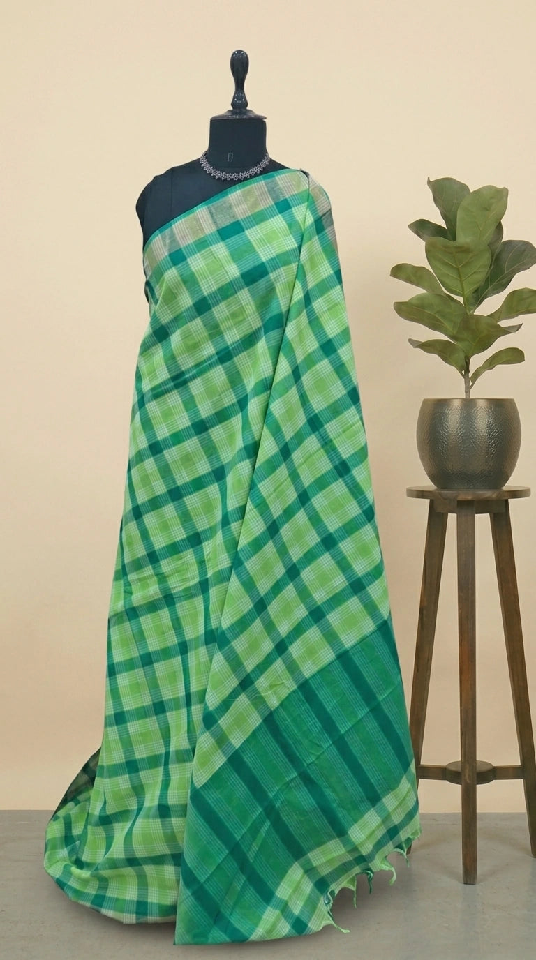 Dark Green, Light Green, and White Checked Cotton Saree 