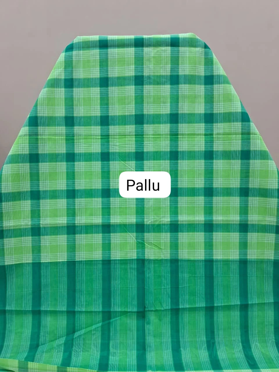 Dark Green, Light Green, and White Checked Cotton Saree  Pallu