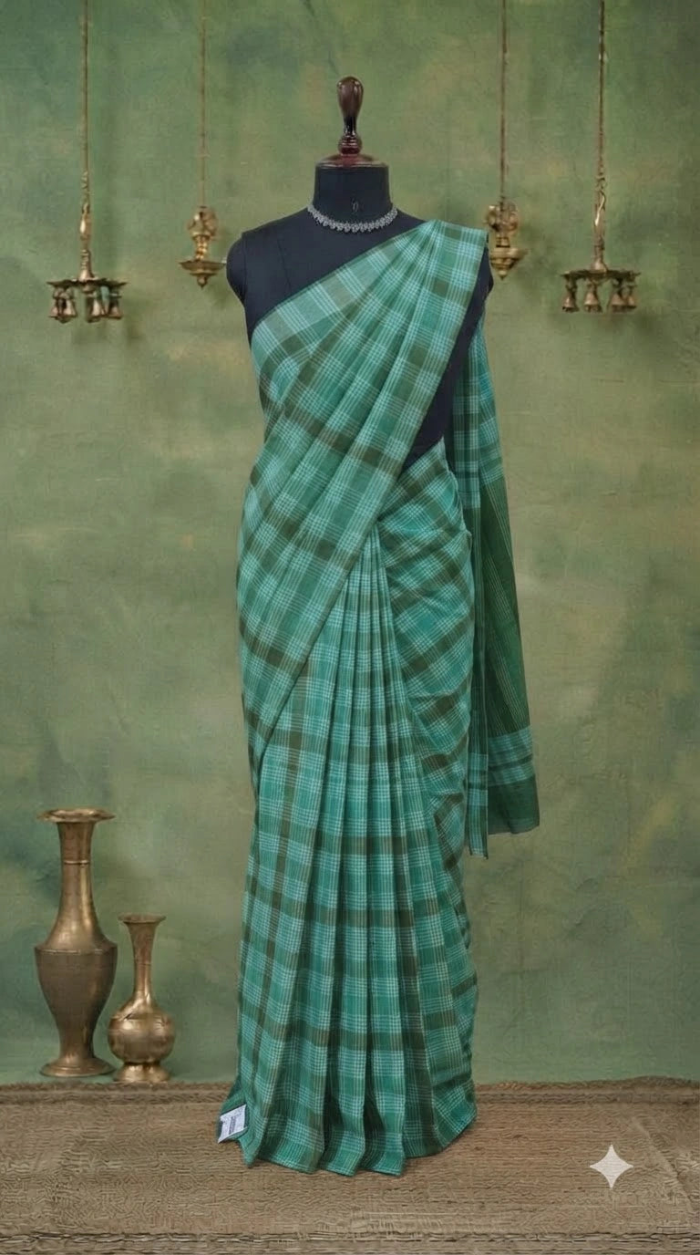 Marine Blue, Dark Green, and White Checked Cotton Saree 