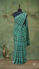 Marine Blue, Dark Green, and White Checked Cotton Saree 
