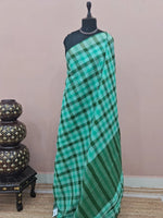 Marine Blue, Dark Green, and White Checked Cotton Saree 