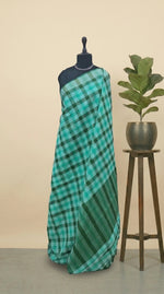 Marine Blue, Dark Green, and White Checked Cotton Saree 