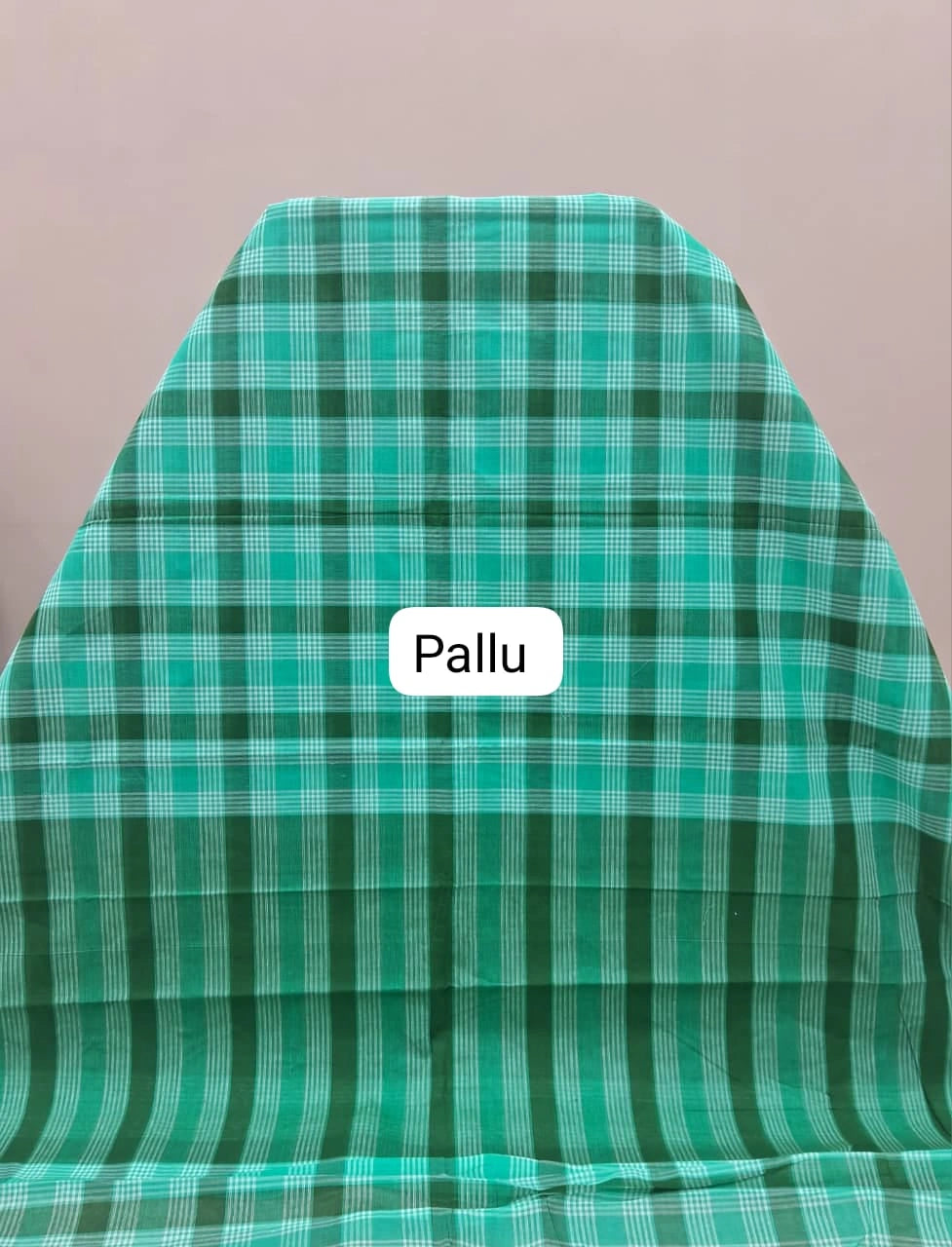 Marine Blue, Dark Green, and White Checked Cotton Saree Pallu