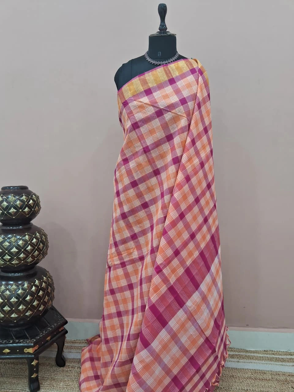 Light Pink, Peach, and White Checked Cotton Saree 