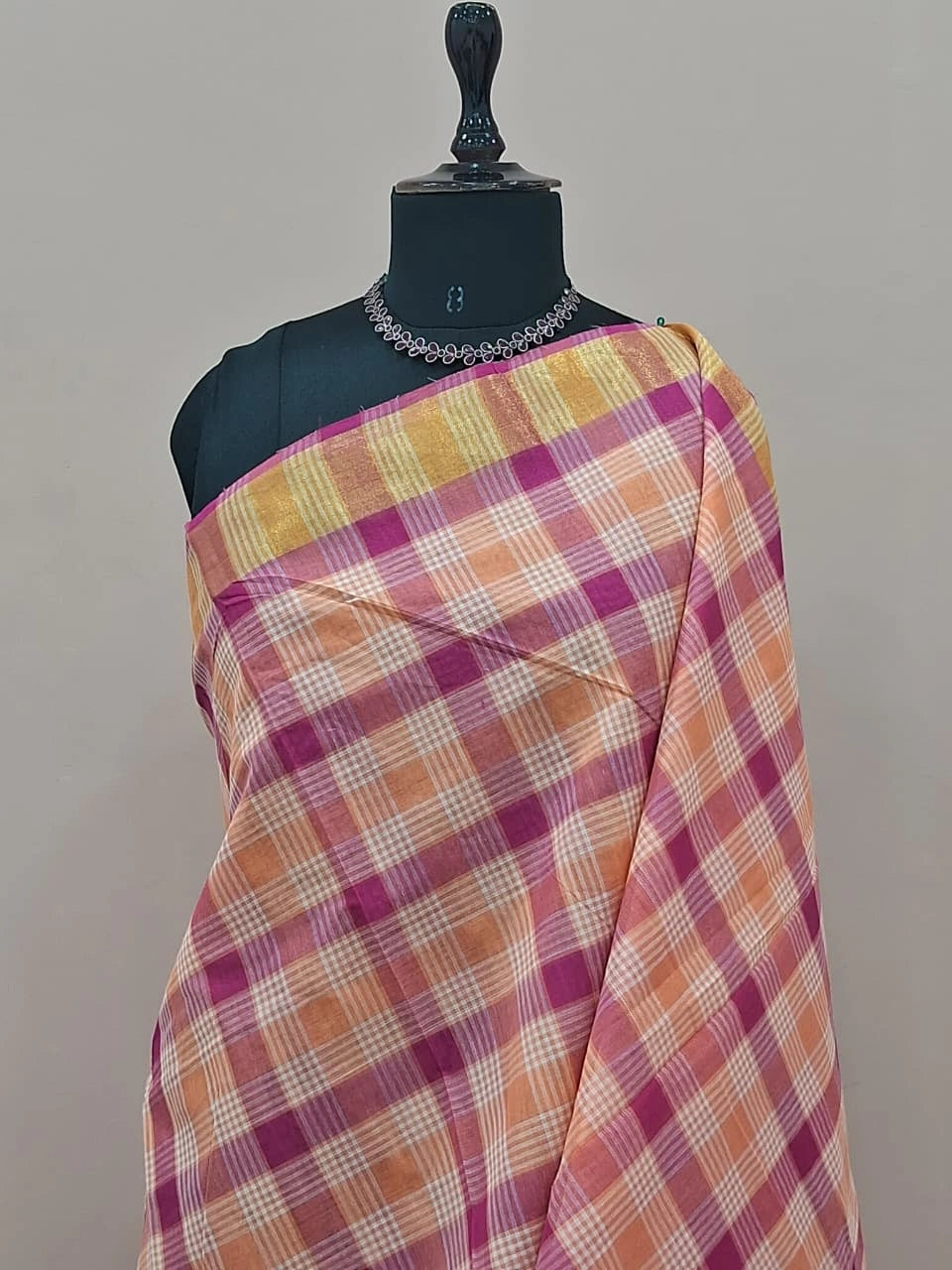 Light Pink, Peach, and White Checked Cotton Saree 1