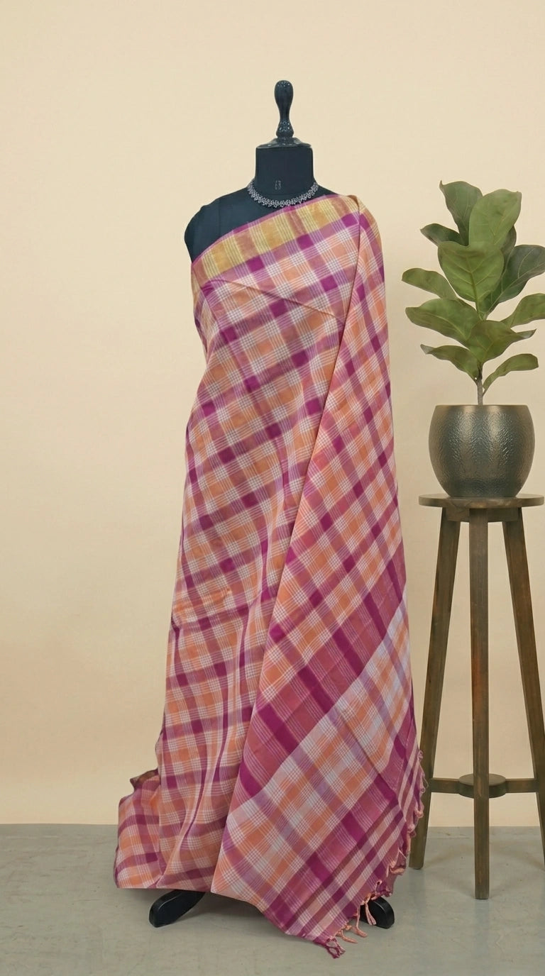 Light Pink, Peach, and White Checked Cotton Saree 