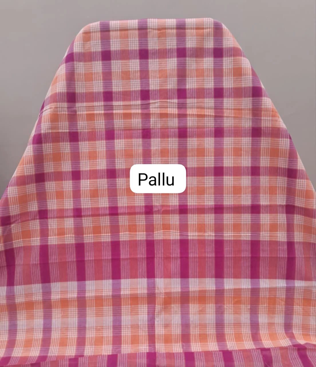 Light Pink, Peach, and White Checked Cotton Saree pallu