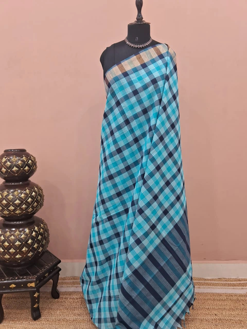 Sky Blue, Grey, and White Checked Cotton Saree 