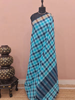 Sky Blue, Grey, and White Checked Cotton Saree 
