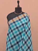 Sky Blue, Grey, and White Checked Cotton Saree 1