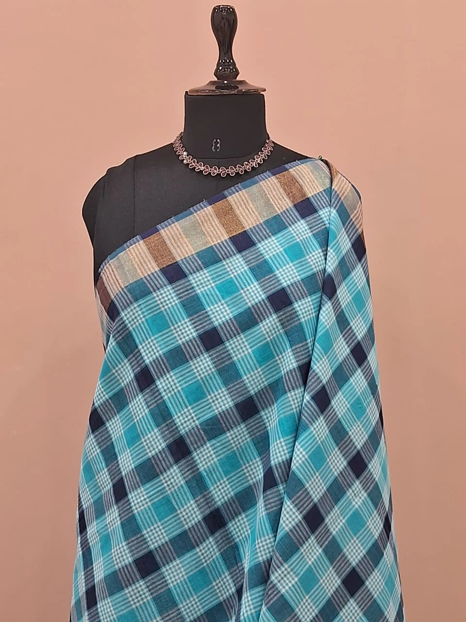Sky Blue, Grey, and White Checked Cotton Saree 1