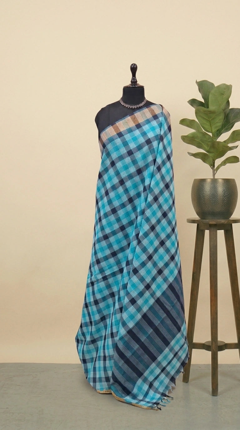 Sky Blue, Grey, and White Checked Cotton Saree 