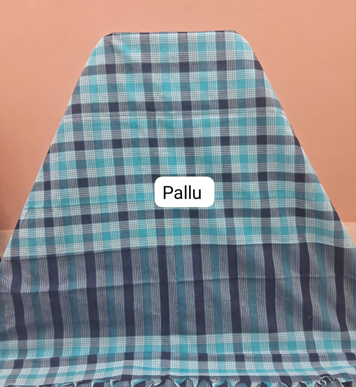 Sky Blue, Grey, and White Checked Cotton Saree pallu