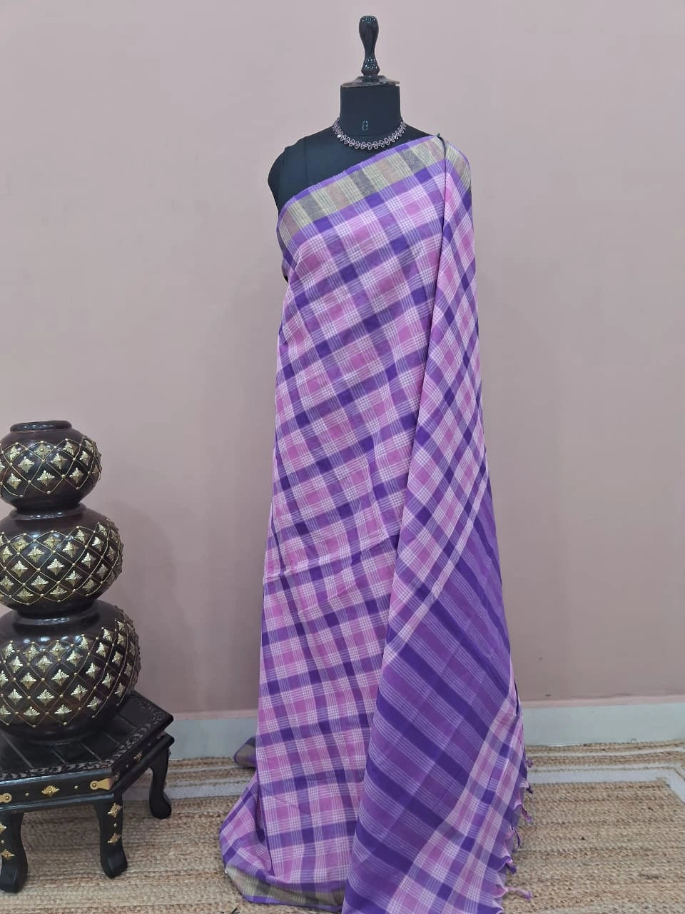 Lavender, Light Pink, and White Checked Cotton Saree 