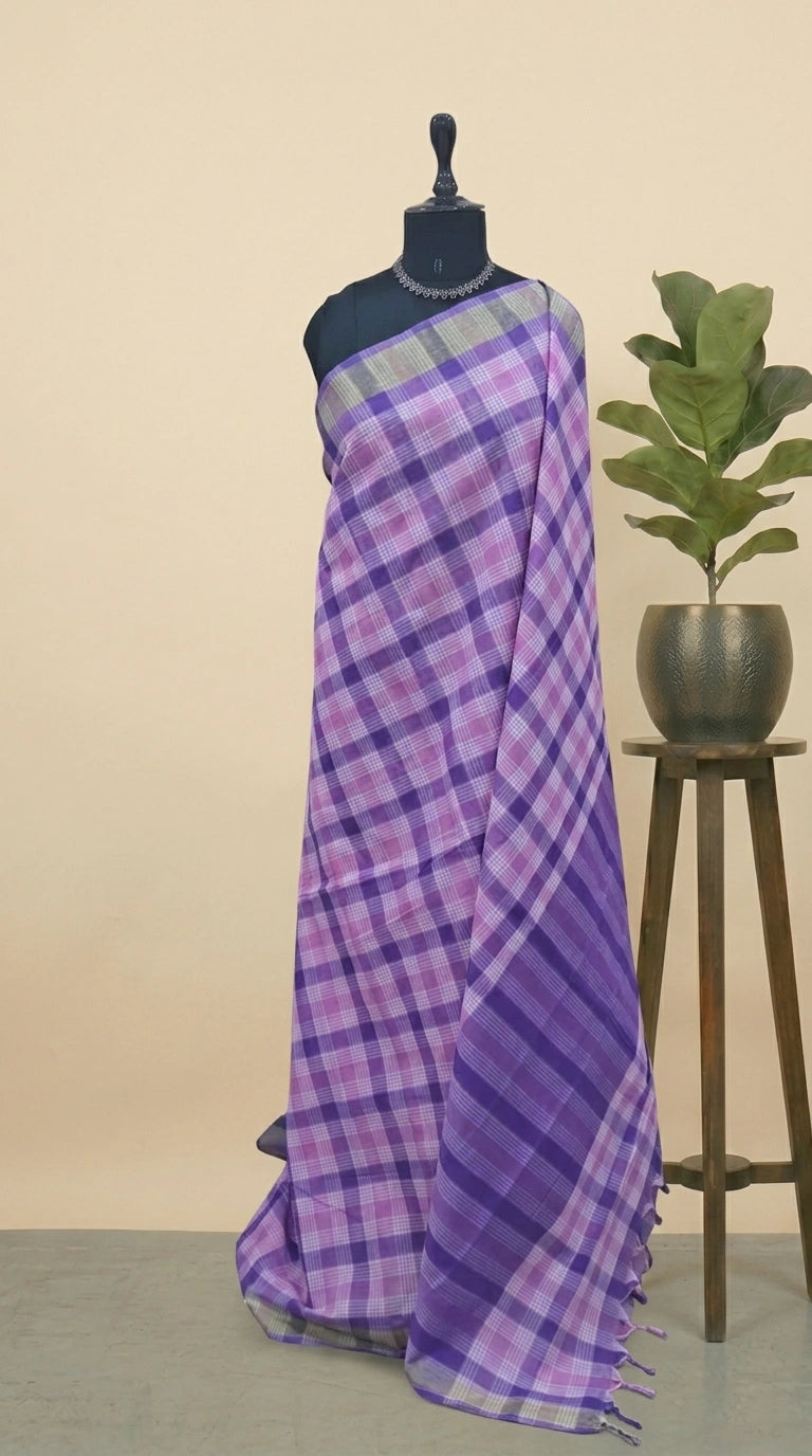 Lavender, Light Pink, and White Checked Cotton Saree 