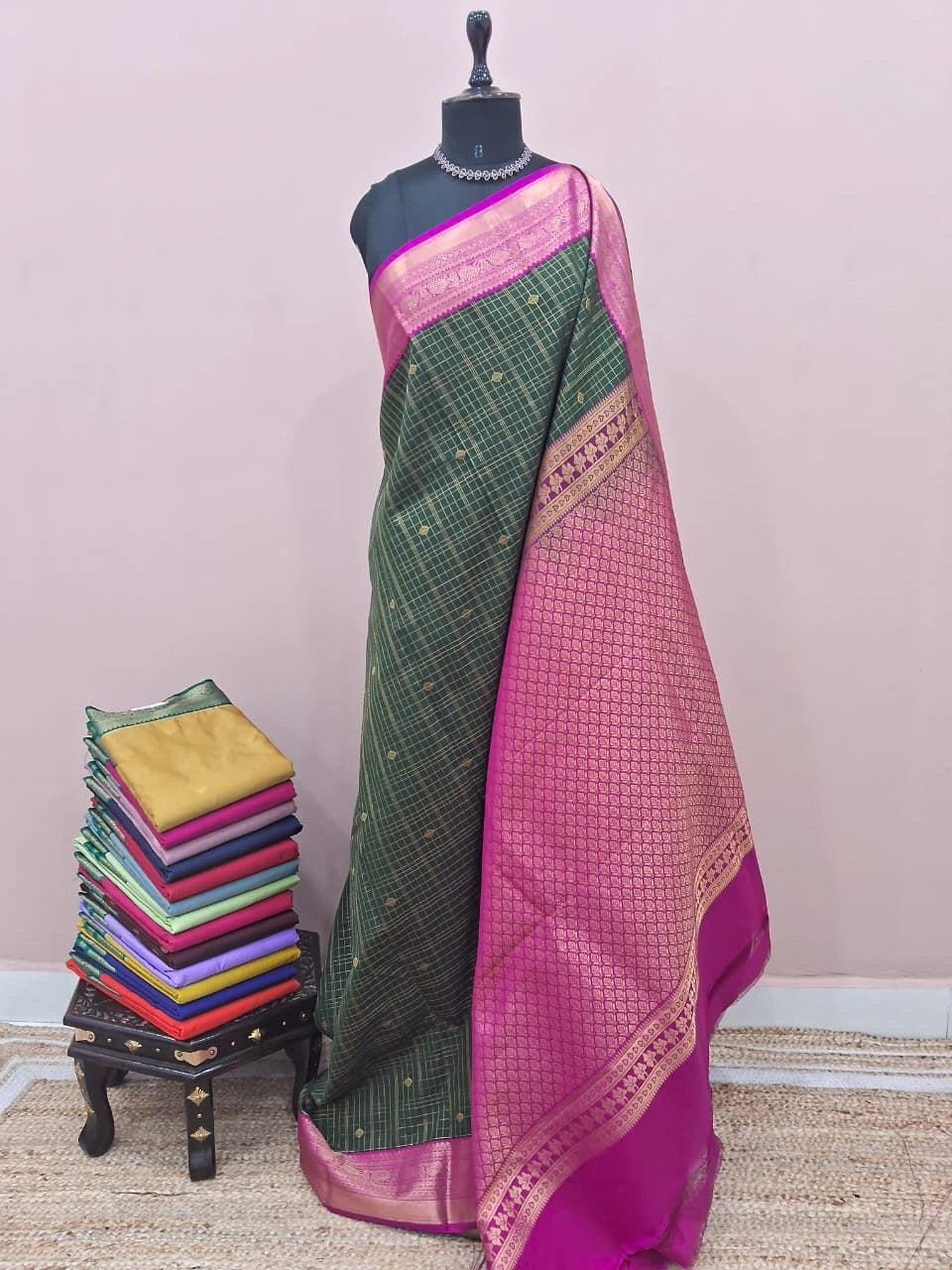 Bottle Green Kanchi Semi Silk Saree 