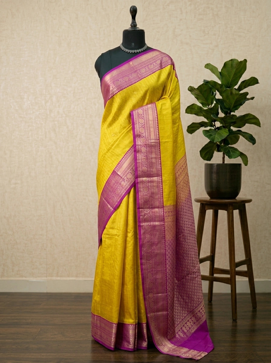 Lemon Yellow Kanchi Semi Silk Saree 