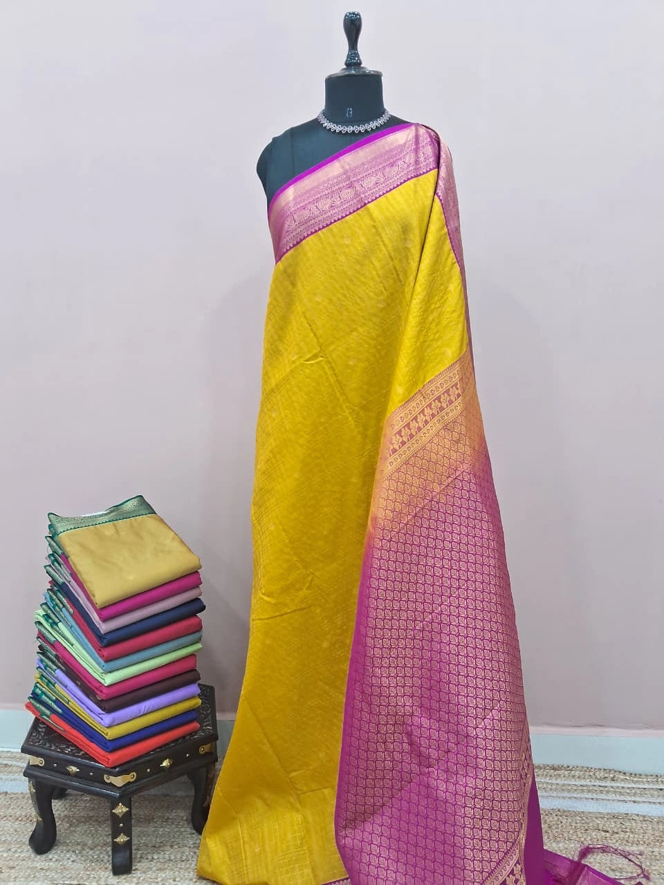 Lemon Yellow Kanchi Semi Silk Saree 