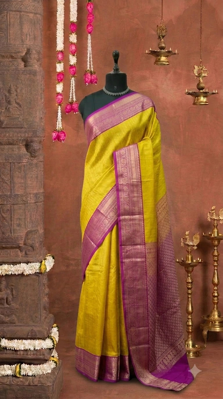 Lemon Yellow Kanchi Semi Silk Saree 
