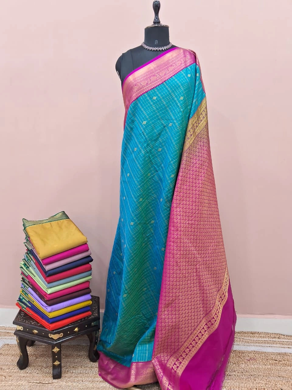 Turquoise Blue Kanchi Semi Silk Saree 