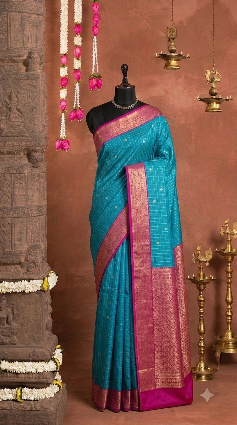 Turquoise Blue Kanchi Semi Silk Saree 