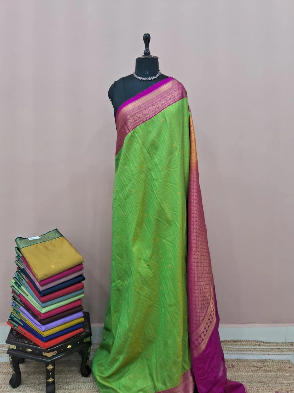 Parrot Green Kanchi Semi Silk Saree 