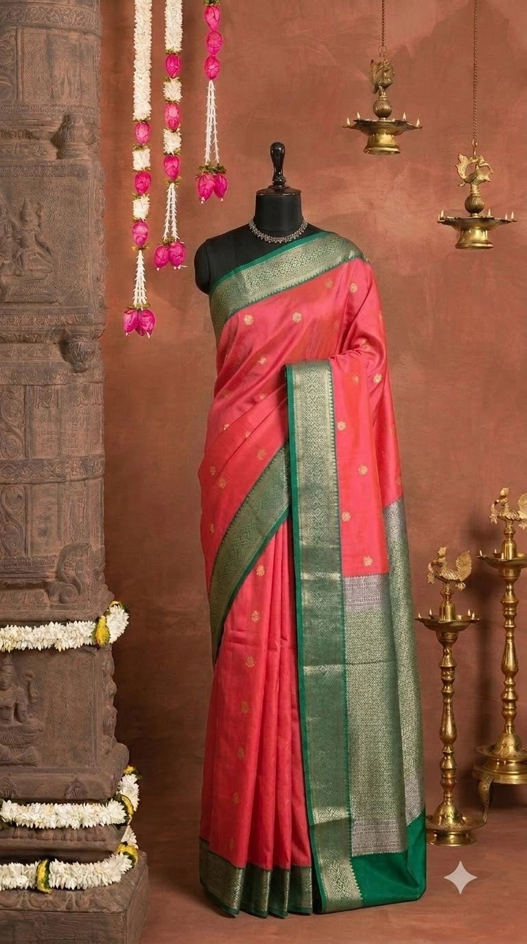 Coral Peach Kanchi Semi Silk Saree 