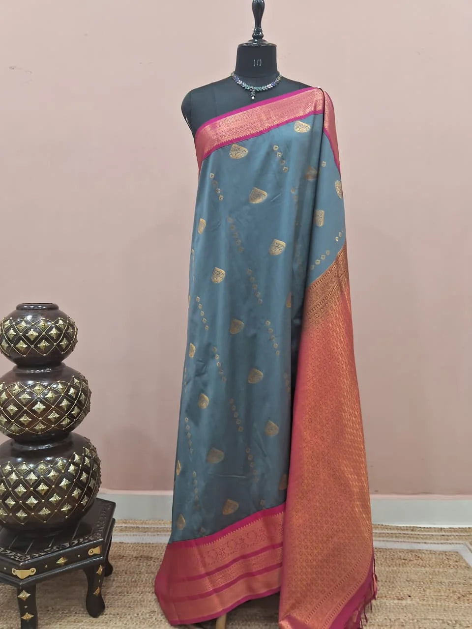 Metal Grey Kanchi Korvai Silk Saree