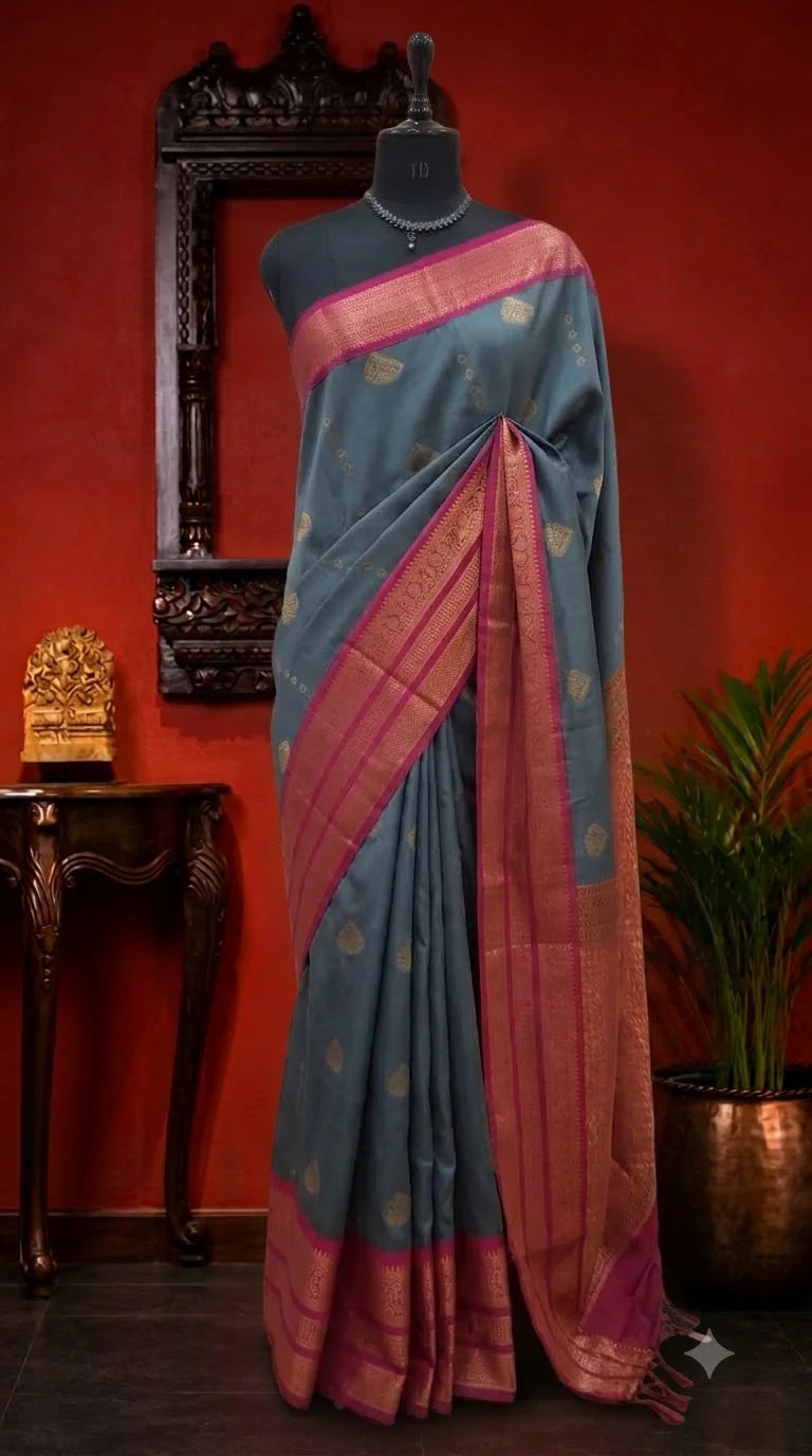 Metal Grey Kanchi Korvai Silk Saree