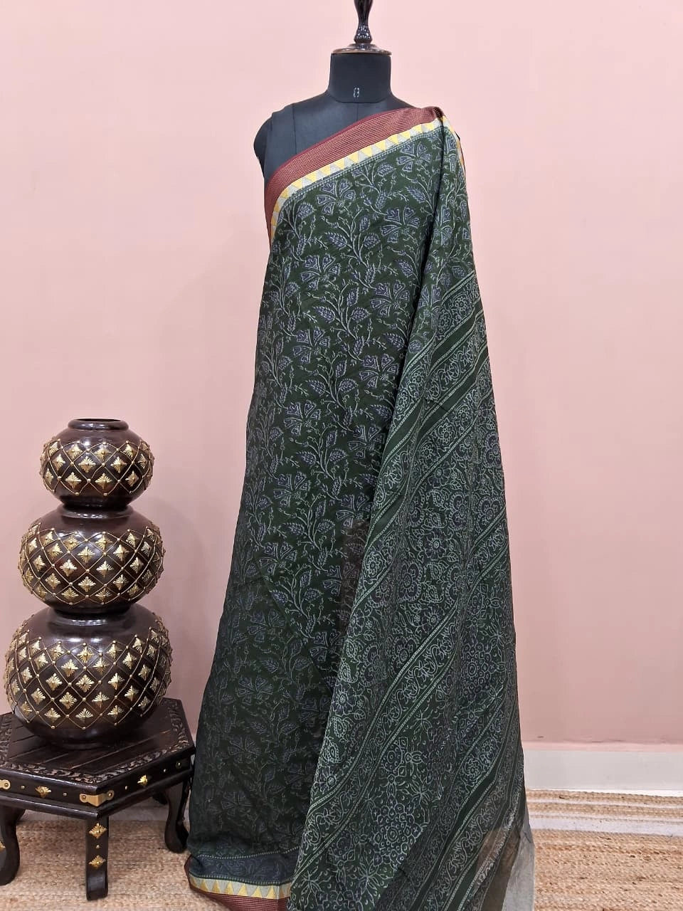 Dark Green Malai Cotton Saree 