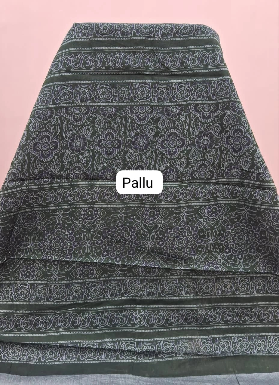 Dark Green Malai Cotton Saree pallu