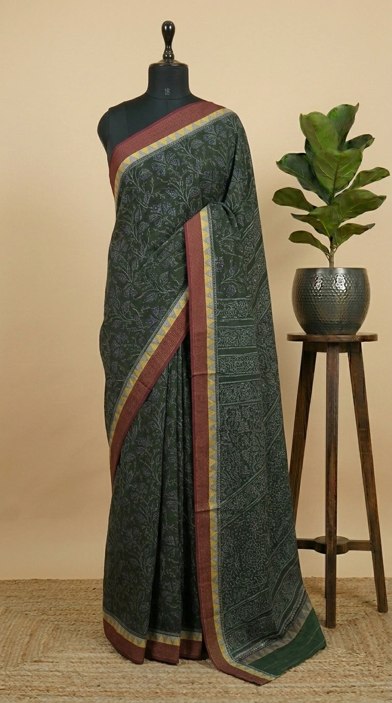 Dark Green Malai Cotton Saree 