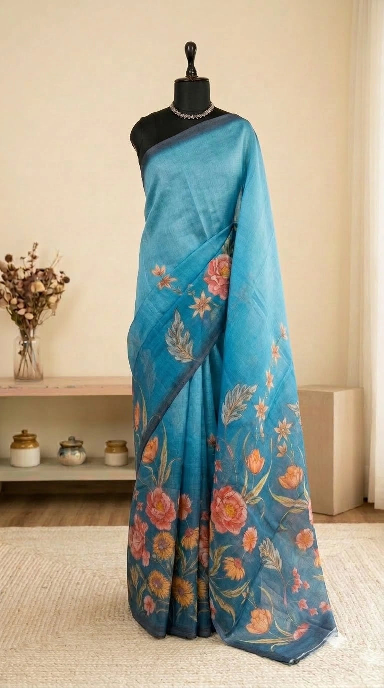 Sky blue and Teal blue Plain Cotton Kota Saree 