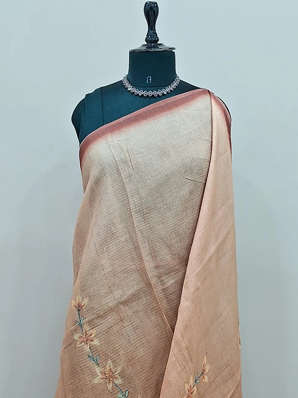 Beige and brown Plain Cotton Kota Saree 1