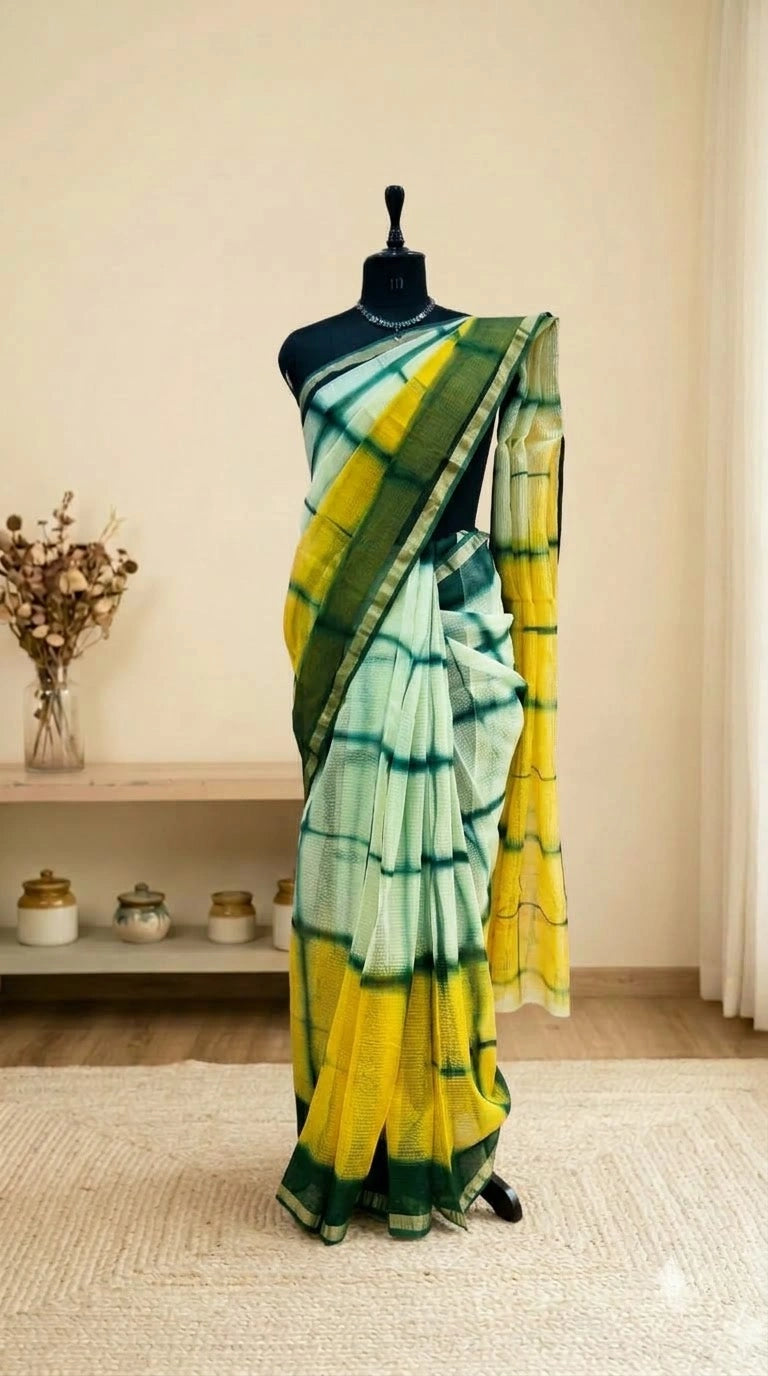Yellow and White Cotton Kota Saree