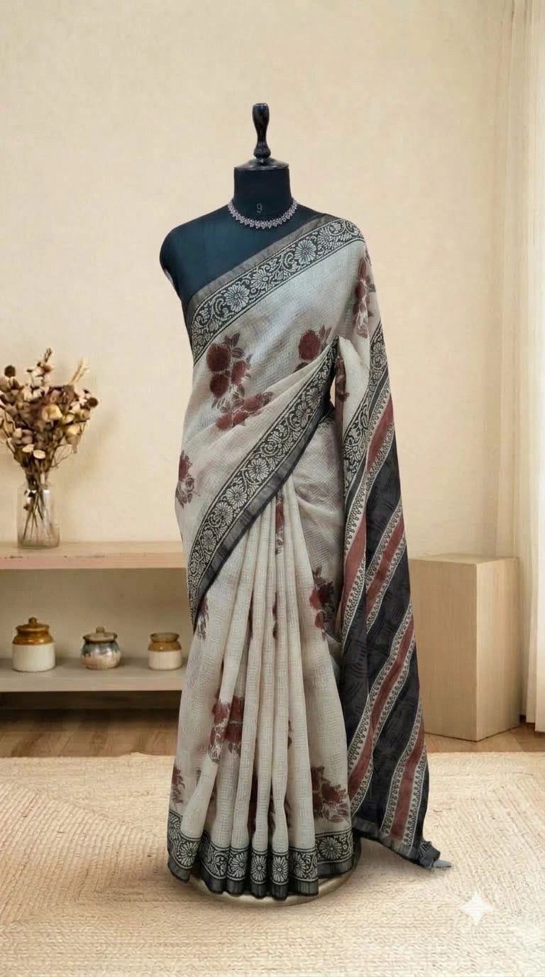 Off-White Cotton Kota Saree