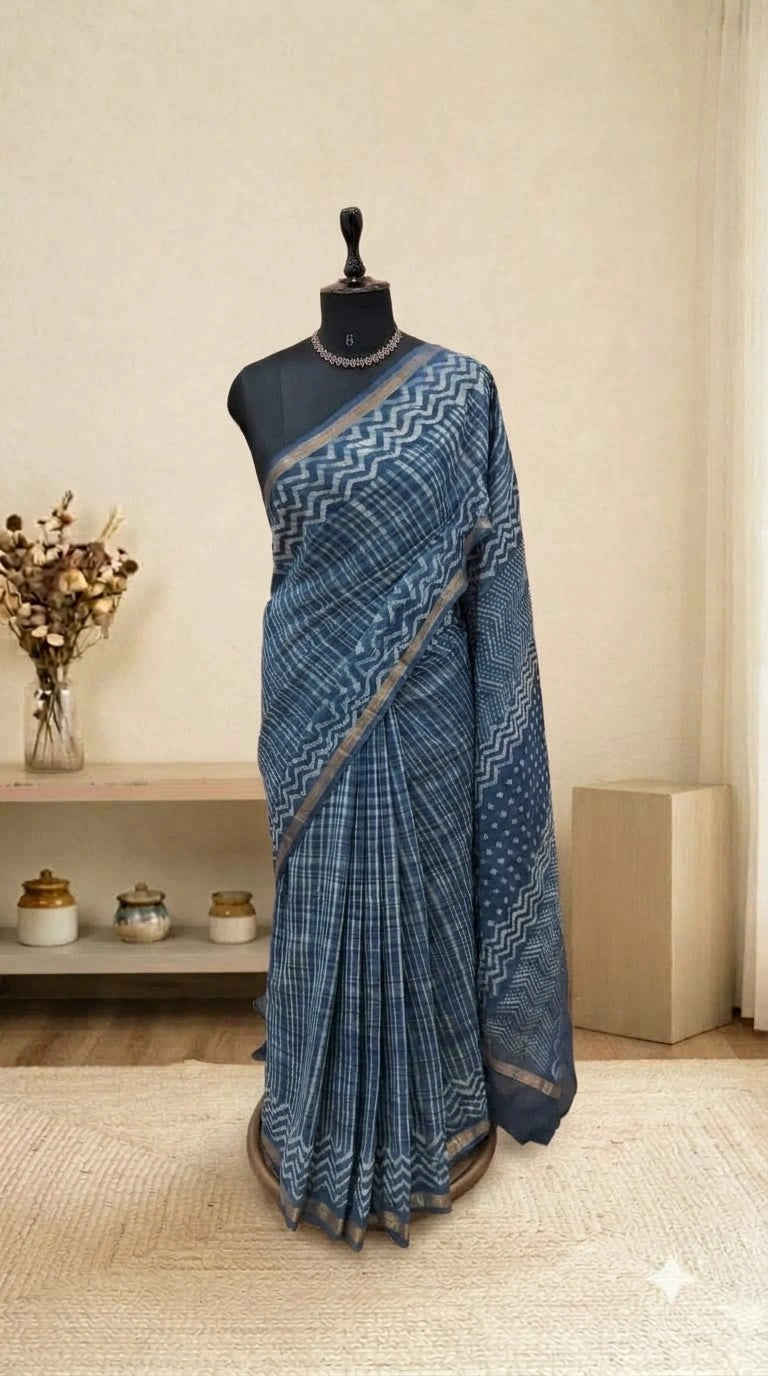 Indigo Blue Cotton Kota Saree
